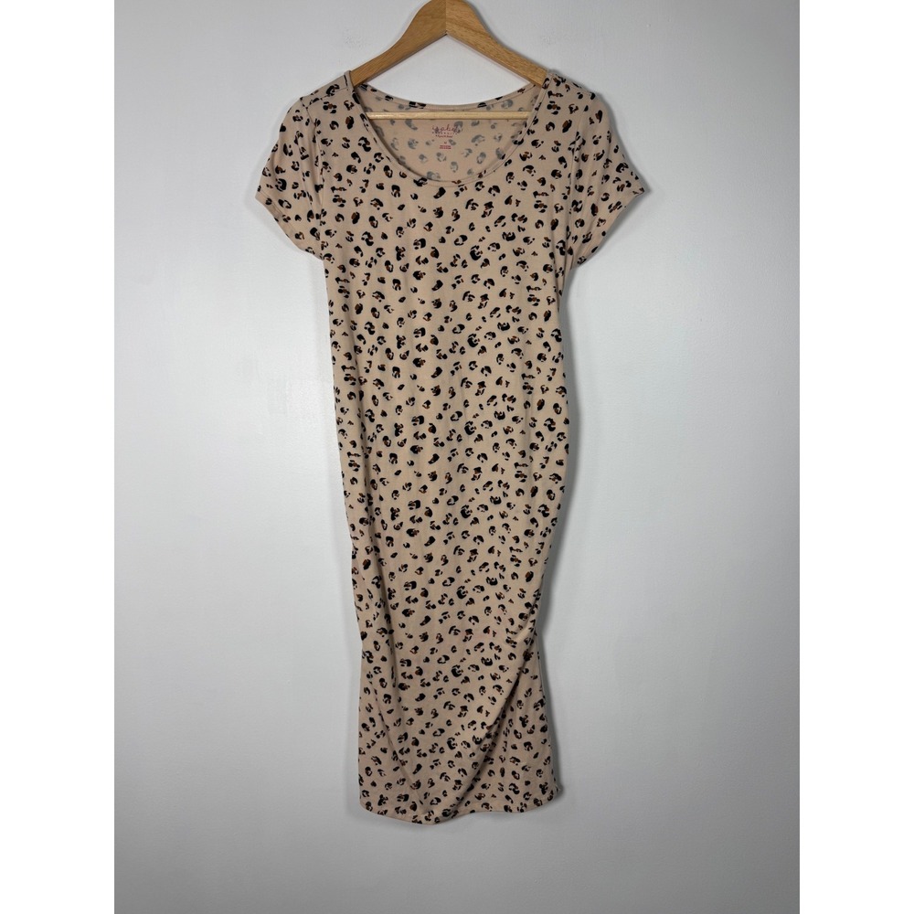 Leopard Isabel Maternity Women M Ruched Midi Dress Tan Animal Print Short Sleeve
